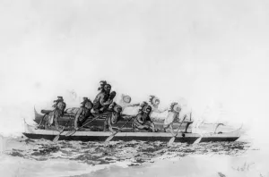 Hawaii Prints: Masked Hawaiians in a double canoe, c1770-1793. Artist: John Webber
