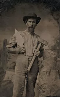 Builder Gallery: Mason (?) Holding a Trowel and Sledgehammer, 1870s-80s. Creator: Unknown