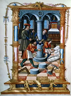 Masons building a pillar in a church, c1525