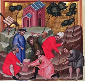 Turin Prints: Masons and stonecutters, detail of the miniature in Codex Justinian Institutiones