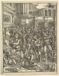 Campagnola Domenico Prints: The Massacre of the Innocents (Right side) with group of male figures attacking women
