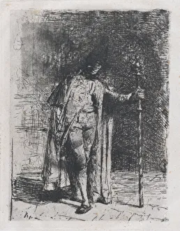 Fortuny Mariano Prints: Master of ceremonies, a man standing facing the viewer holding a staff in his left han