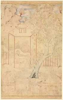 Late 16th Century Prints: Master and Disciple in a Garden Pavillion; Single Page Illustration, c. 1570-1590s
