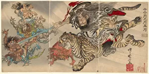 Wild Animal Gallery: May: Shoki the Demon Queller Riding on a Tiger, Subjugating Goblins, from the series 'Of t... 1887