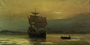 Protestantism Collection: The Mayflower on Her Arrival at Plymouth Harbor, 1882. Creator: Halsall, William Formby
