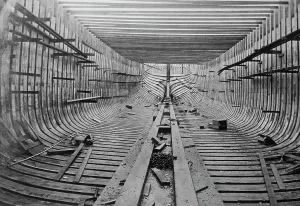 Ship Building Prints: McEachern Yard, Astoria, interior wooden ship