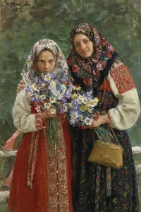 Country Women Prints: Meadow Flowers, 1913. Artist: Kulikov, Ivan Semyonovich (1875-1941)