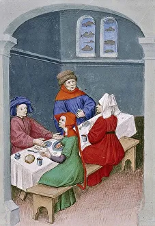 Soup Prints: The meal. Miniature from The Decameron by Giovanni Boccaccio, 1432