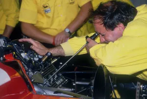 Pits Prints: Mechanic at work in the Ferrari pits, 1988
