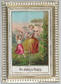Mechanical box-shaped greeting card: dancing and bucolic scene, Cupid brings bouquets... ca. 1875. Creator: Anon