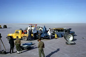 Mechanics fuelling Bluebird CN7 for World Land Speed Record attempt, Lake Eyre, 1964 Mechanics fuelling Bluebird CN7 for World Land Speed Record attempt, Lake Eyre, 1964