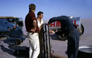 Mechanics inflating Bluebird CN7 tyre for World Land Speed Record attempt, Lake Eyre