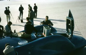 Mechanics working on Bluebird CN7 at lake Eyre for World Land speed record attempt, 1964 Mechanics working on Bluebird CN7 at lake Eyre for World Land speed record attempt, 1964