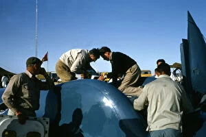 Ac Cars Ltd Gallery: Mechanics working on Bluebird CN7 for World Land speed record attempt, Lake Eyre, 1964