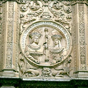 Medallion on the facade of the University of Salamanca with the relief of the Catholic Kings Medallion on the facade of the University of Salamanca with the relief of the Catholic Kings