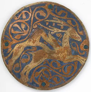 Engraved And Gilt Prints: Medallion with Hound Attacking Stag, French, ca. 1240-60. Creator: Unknown