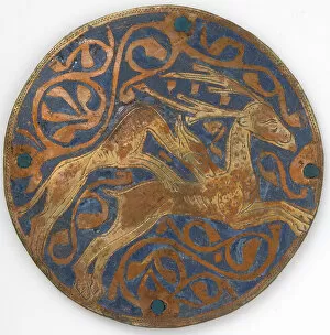 Stag Gallery: Medallion with Hound Attacking Stag, French, ca. 1240-60. Creator: Unknown