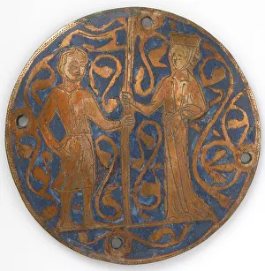 Limoges Prints: Medallion with man and woman holding standard, French, ca. 1240-60. Creator: Unknown