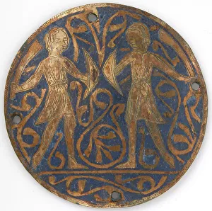 Buckler Prints: Medallion with Two Young Warriors with Falchions and Bucklers, French, ca. 1240-60