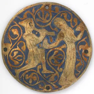 Castanets Prints: Medallion with Youth Playing Pipe for Dancing Woman with Castanets, French, ca. 1240-60