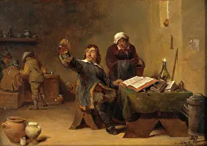Examining Prints: A medical practitioner examining a urine flask