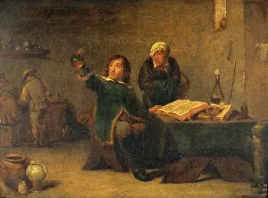 Examining Prints: A medical practitioner examining a urine flask