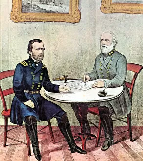 Meeting of Generals Grant (left) and Lee, American Civil War, 1865. Artist: Currier and Ives