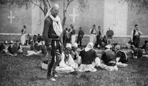 Marmara Prints: A meeting of Mirdite mountaineers and their town kinsmen outside a Scutari cathedral