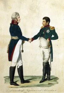 Tsars Prints: Meeting of Napoleon and Alexander I, 1808. Artist: Anonymous