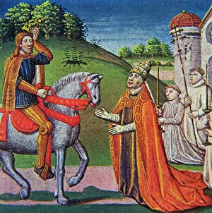 Turin Gallery: Meeting between Pope Adrian I and Charlemagne, miniature in the incunabula Chronicles