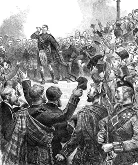 Caps Prints: Meeting at Stafford House to protest against the change in the tartans of Highland Regiments