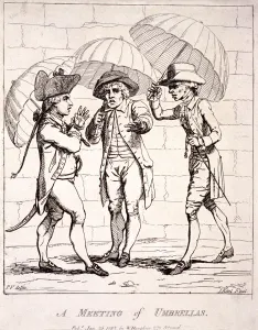 Ridiculous Prints: A meeting of umbrellas, 1782. Artist: James Gillray