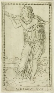 Mantegna Prints: Melpomene, plate seventeen from Apollo and the Muses, c.1465. Creator: Unknown
