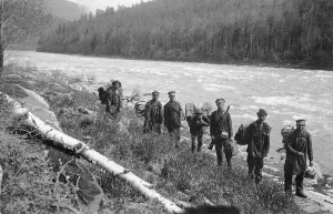 Gi Ivanov Prints: Members of the Expedition Detouring the Mrasskii Rapid, 1913. Creator: GI Ivanov