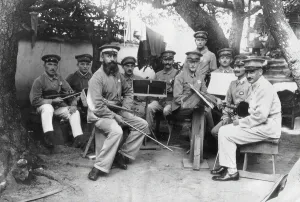 War Atrocities Prints: Members of a German Bando POW camp orchestra at Tokushima Prefecture, c. 1917