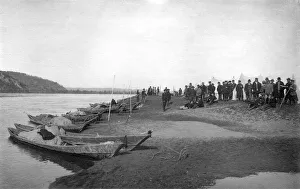 Russian Federation Prints: Members of the Land-Management Expedition on the Boats on the Tom River