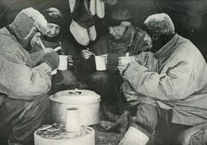 Expedition Prints: Members of the Polar Party Having A Meal in Camp, c1911, (1913)