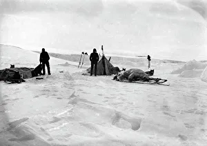 Pavlov Mikhail Alekseevich Prints: Members of a Sled Expedition near Their Tent, 1913. Creator: Mikhail Alekseevich Pavlov