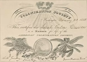 Society Gallery: Membership certificate to the American Colonization Society, February 22, 1832