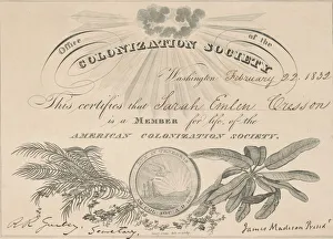 Madison James Prints: Membership certificate to the American Colonization Society, February 22, 1832