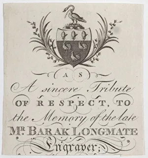 Memorial Card for Mr. Barak Longmate, genealogical editor and heraldic engraver, ca. 1793. ca. 1793 Creator: Anon Memorial Card for Mr. Barak Longmate, genealogical editor and heraldic engraver, ca. 1793. ca. 1793 Creator: Anon