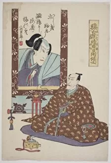 Memorial portrait: Ichikawa Ebizo V (Danjuro VII) looking up at a painting of the late