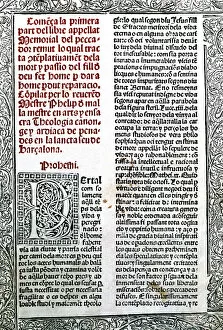 Upright Gallery: Memorial of remut sinner incunabula (Barcelona 1495), cover of the first part (prohemi)