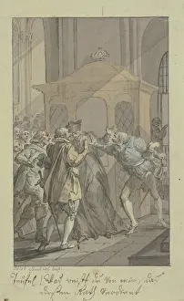 Clergyman Prints: Three men arguing with swords and a clergyman before a confessional