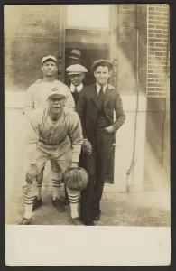 Silver Gelatin Print Prints: Five men, two in baseball uniforms, about 1926. Creator: John Frank Keith