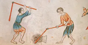 Beating Prints: Two men beating corn with flails, c1300-c1340. Creator: Unknown