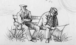 Park Bench Prints: Two men on a bench, c1950. Creator: Shirley Markham