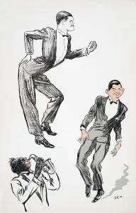 Two men in black tie dance to a musician on the saxophone, from White Bottoms pub Two men in black tie dance to a musician on the saxophone, from White Bottoms pub
