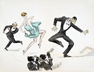 Two men in black tie and woman in bright blue dress dance to jazz, from White Bottoms pub Two men in black tie and woman in bright blue dress dance to jazz, from White Bottoms pub