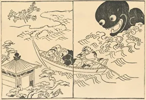 Dutton Gallery: Men in a boat threatened by a sea monster, early-mid 18th century, (1924). Creator